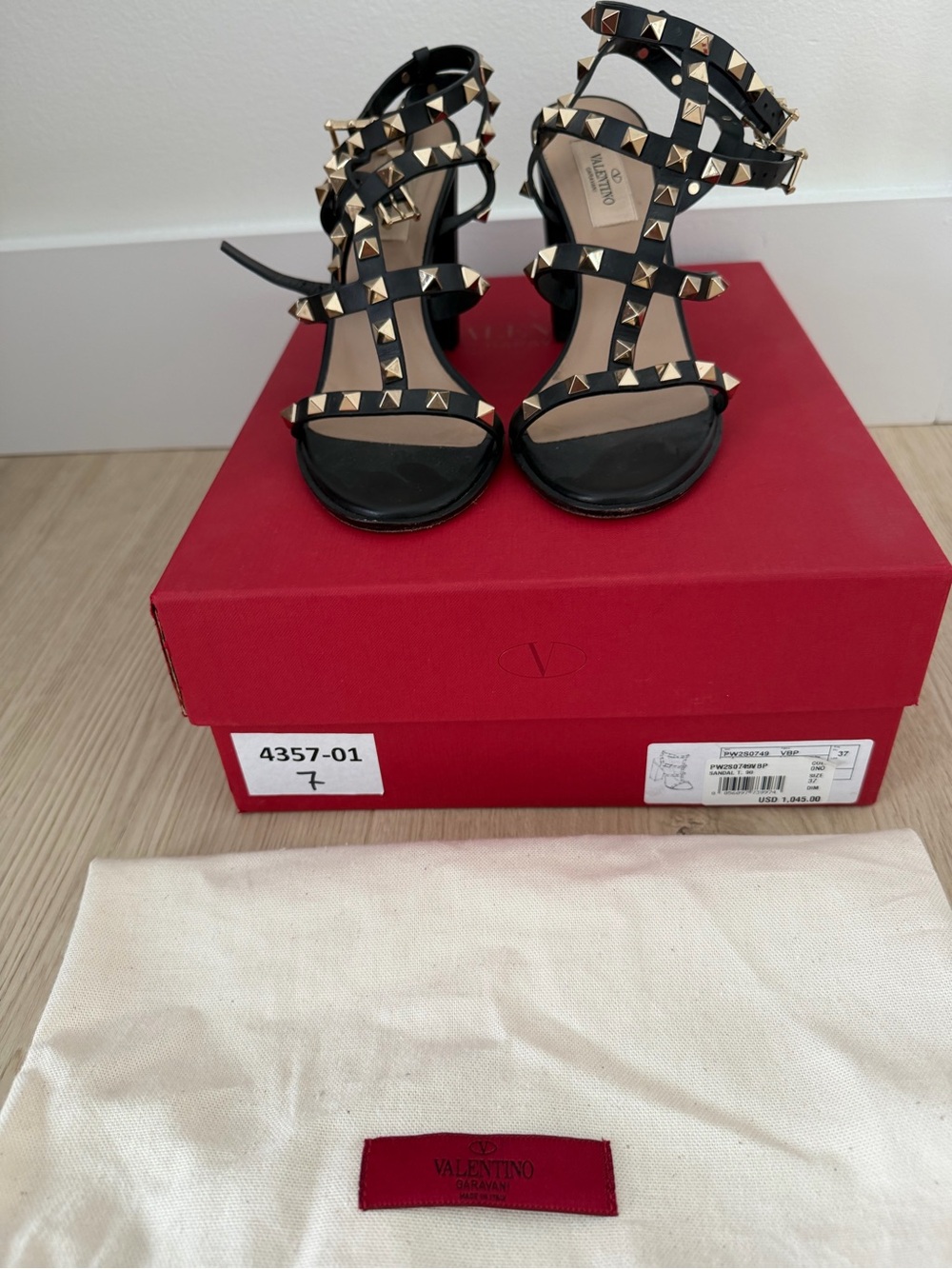 Valentino Black Leather Rockstud Strappy Heels with Gold Studs